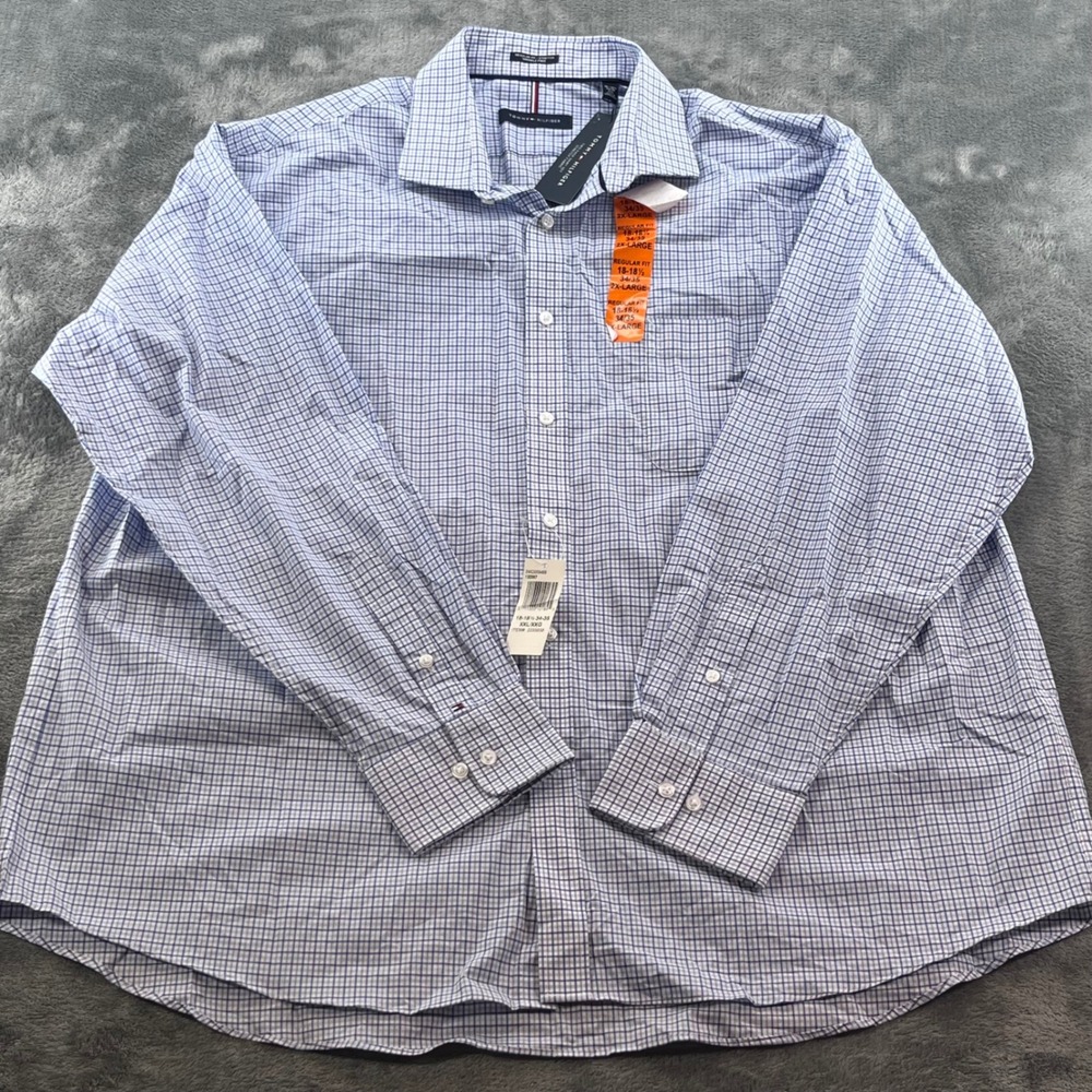 Tommy Hilfiger Mens 2XL Blue White Check Regular Fit Stretch Wrinkle Free Shirt